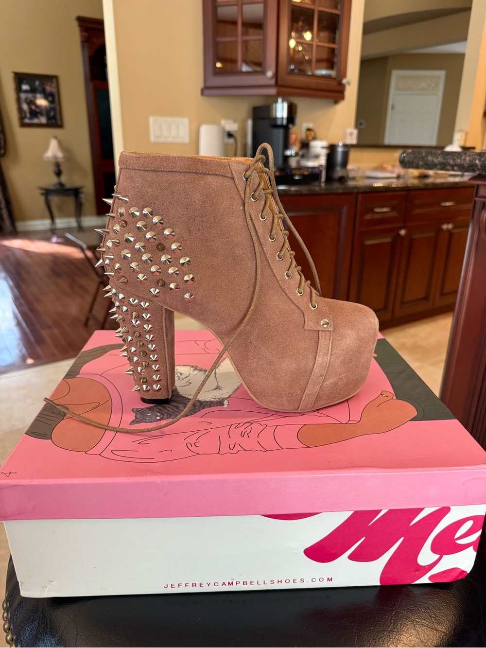 Jeffrey Campbell Taupe Suede Studded Lace-Up Platform Booties